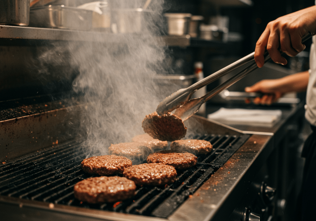 Cooking burger patties on a grill for the House M.D. Hospital Cafeteria Burger, capturing the essence of a bustling kitchen.
