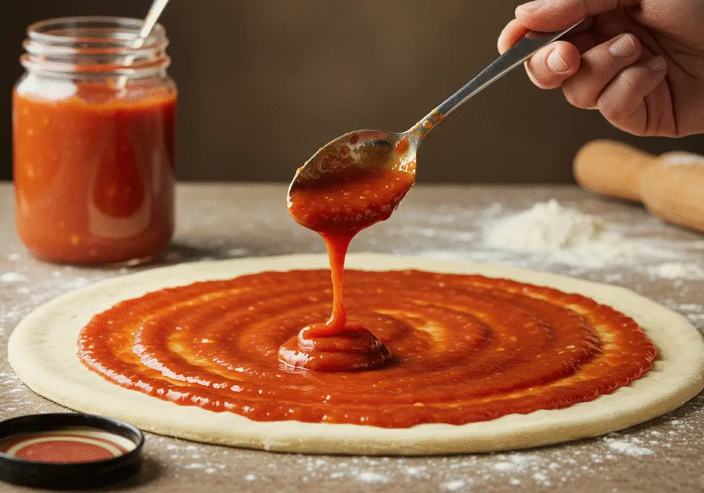 Tomato sauce being drizzled over the pizza toppings for How I Met Your Mother pizza slices.