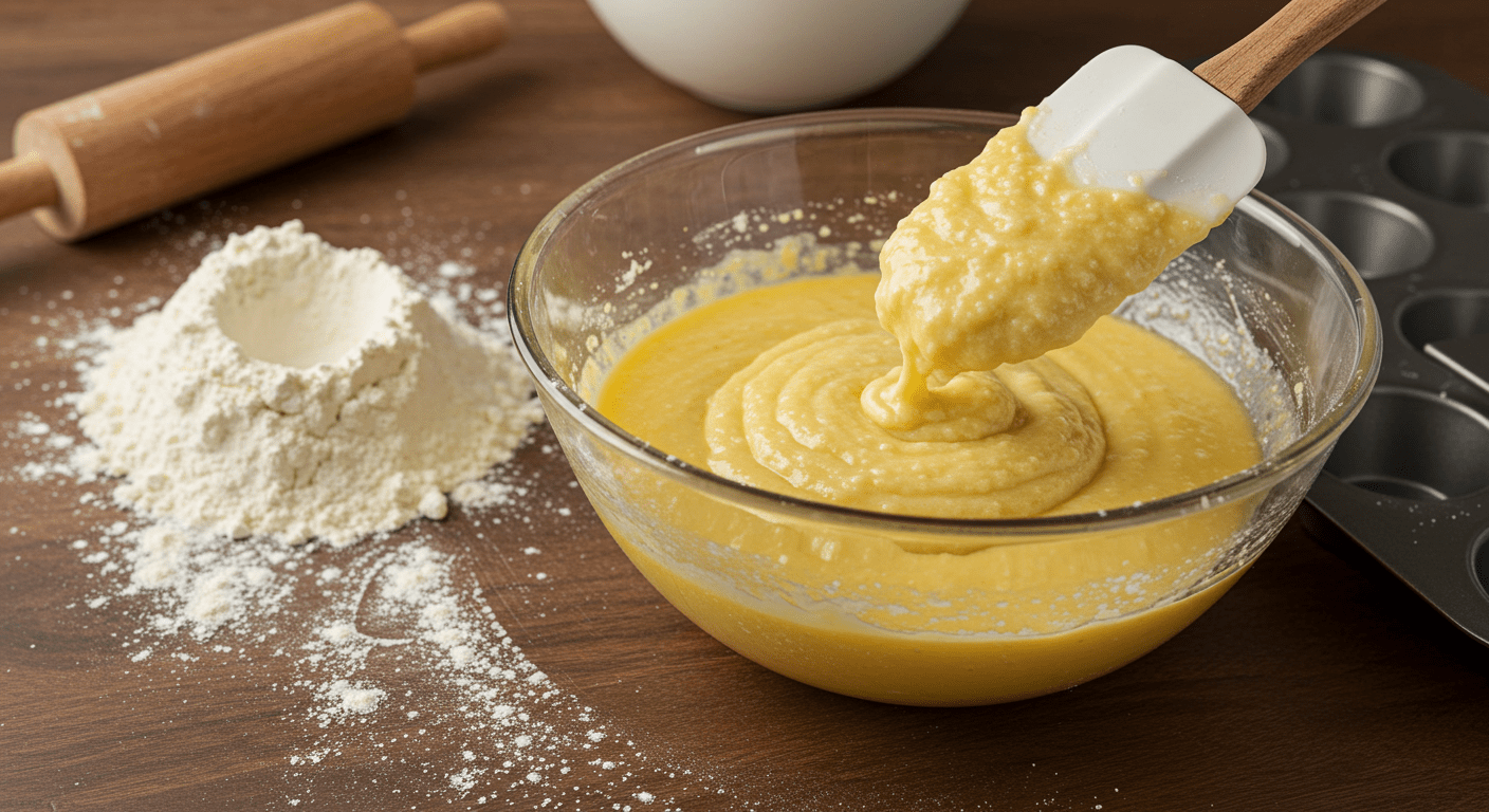 Combining the wet and dry ingredients for Modern Family Cam's Cornbread, creating a smooth batter with a spatula.