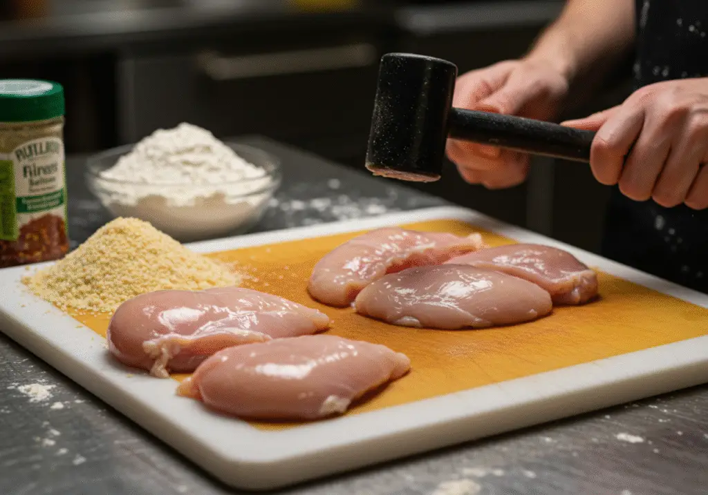 Preparing chicken breasts for Modern Family Chicken Parmesan on a cutting board with breadcrumbs and spices in a bright kitchen.