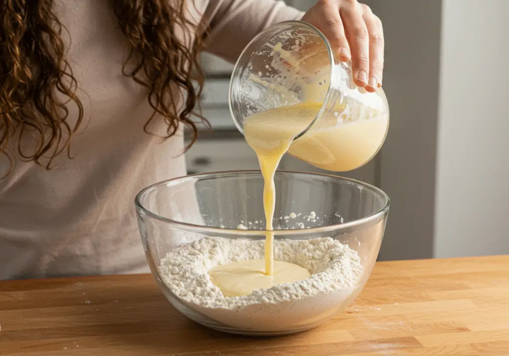 Combining wet and dry ingredients to make a light batter for Modern Family Phil's Waffles.