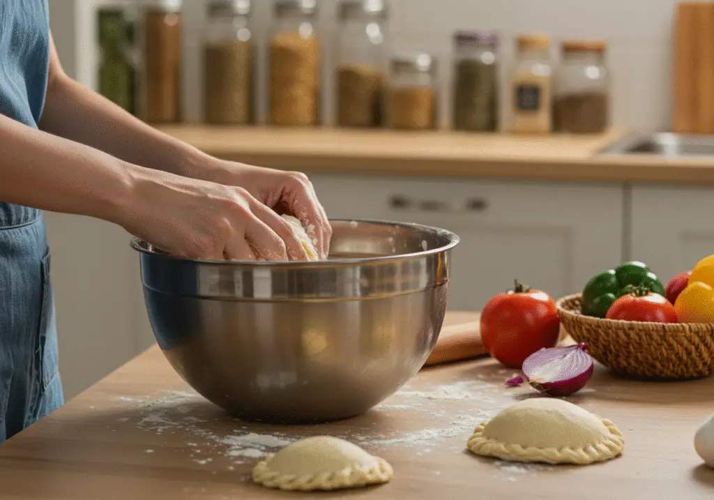 Preparing the dough for Narcos Empanadas with flour and salt in a kitchen setting.