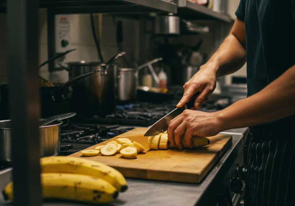 Chef slicing ripe plantains for Narcos Fried Plantains, capturing the precision and care in preparing this delicious dish.