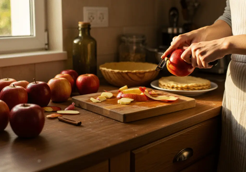 Fresh apples being peeled for a delicious Once Upon a Time Magic Apple Pie in a warm, inviting kitchen.