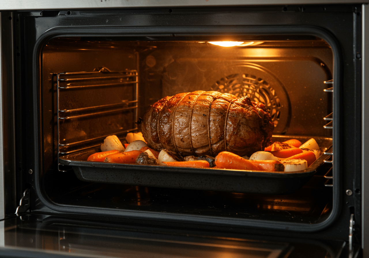 Roasting the Peaky Blinders Whiskey Roast in the oven, showcasing the cooking process with flames visible through the oven door.