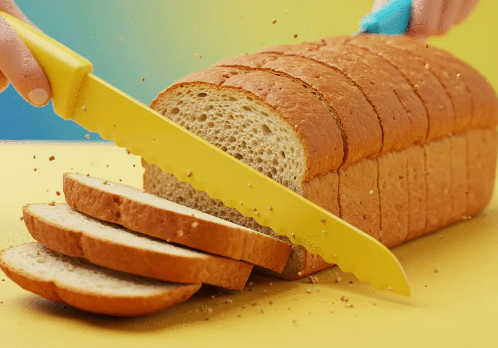 Cutting bread for a SpongeBob SquarePants Jellyfish Jelly Sandwich with vibrant utensils.