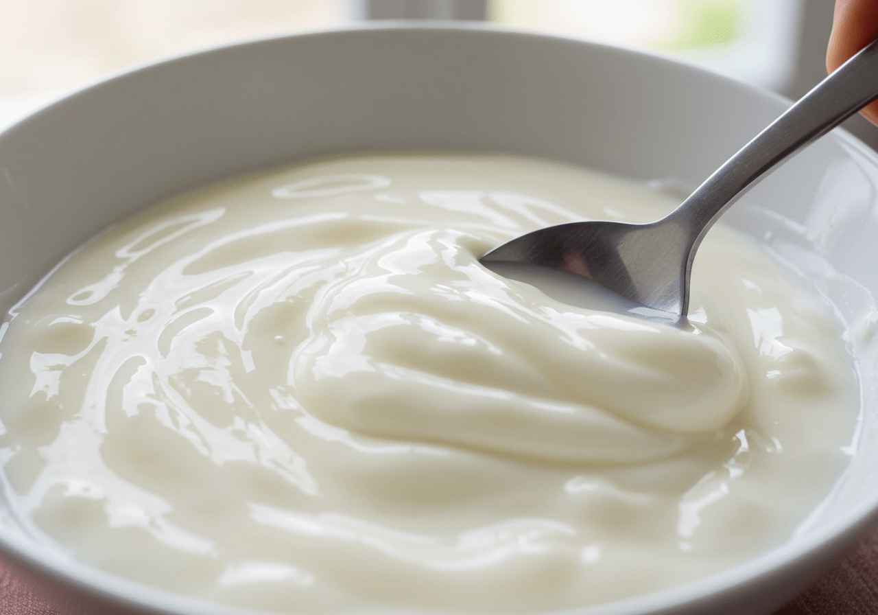 Mixing creamy yogurt for a Stranger Things themed breakfast cereal bowl, adding flavor and richness.