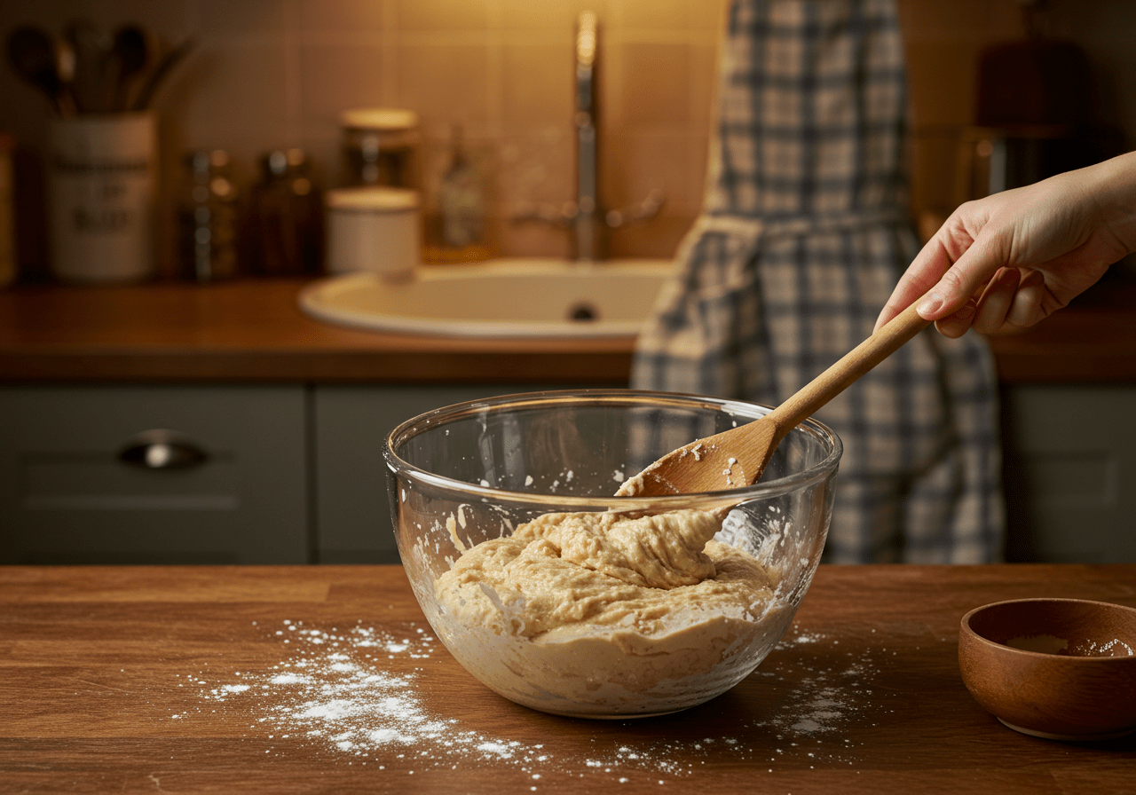 Mixing the dough for Dungeons and Dragons Cookies inspired by Stranger Things, featuring a cozy kitchen atmosphere.