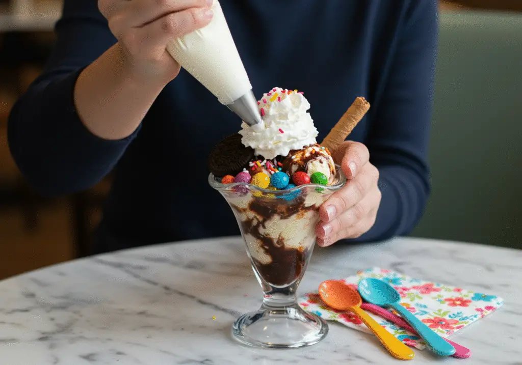 Whipped cream and sprinkles added to the Eggo Sundae for extra flavor and fun.