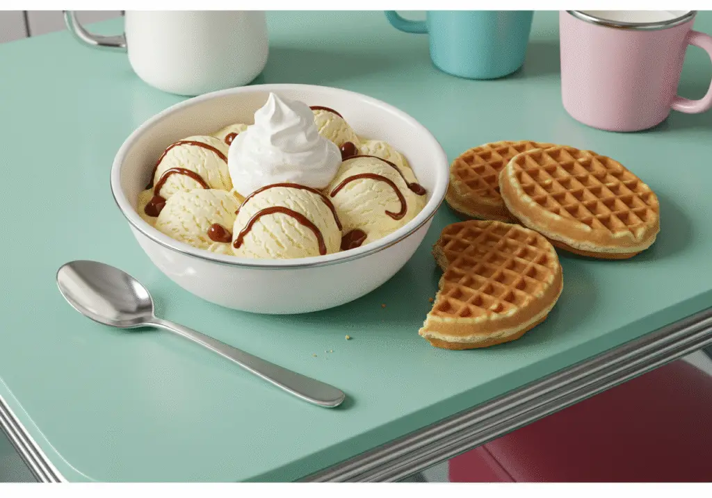 Preparing the final presentation of a Stranger Things Eggo Sundae on a themed table.
