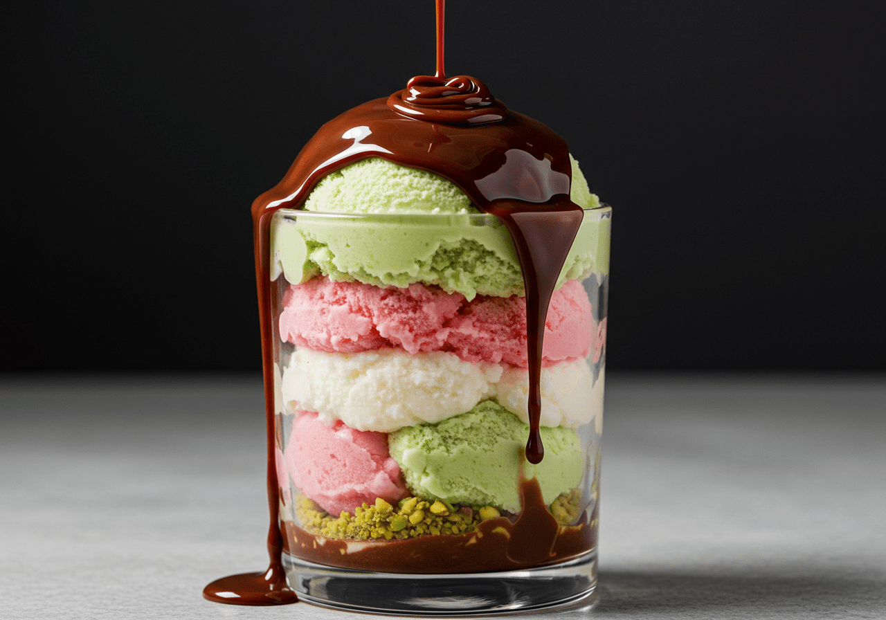 A chef adding rich chocolate syrup on top of a colorful ice cream stack, enhancing the presentation of the Stranger Things ice cream scoop stack.