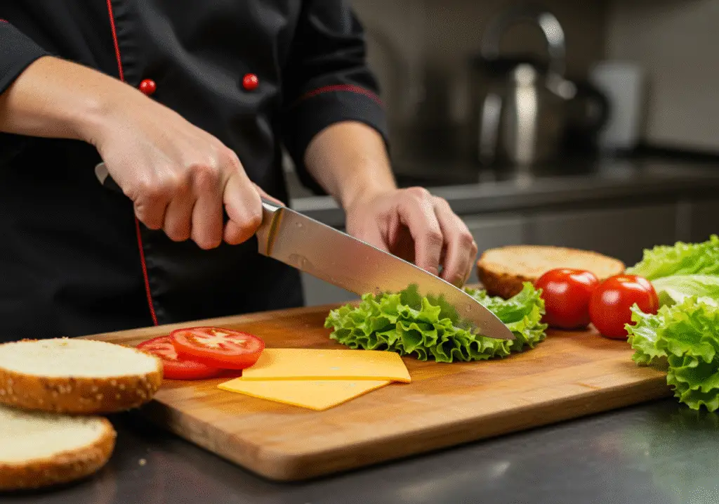 Fresh ingredients for Succession Gourmet Cheeseburger being prepared, including tomatoes, lettuce, and cheddar cheese.
