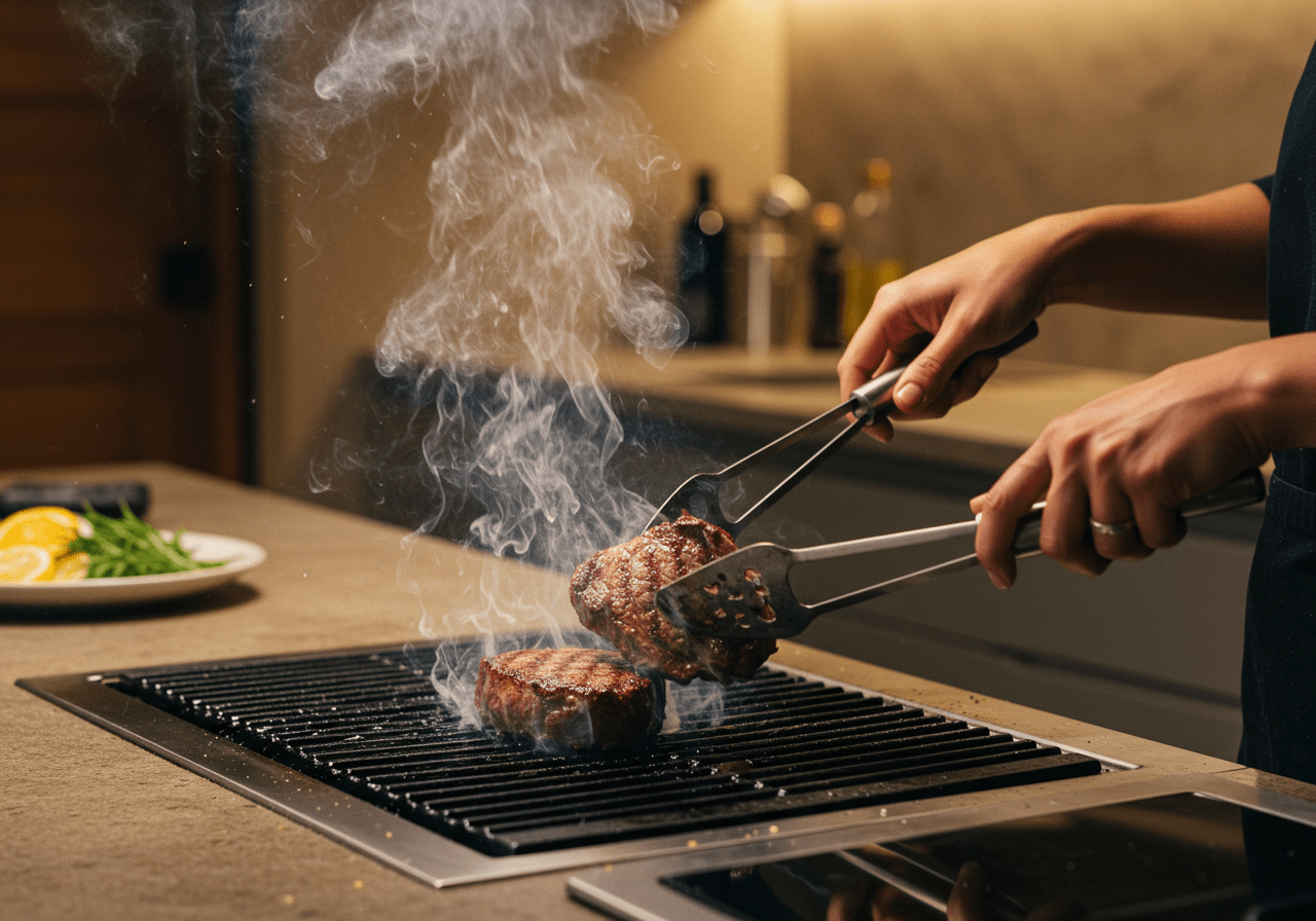Flipping a juicy steak on the grill to create That '70s Show Red's Grilled Steak, showcasing cooking mastery.