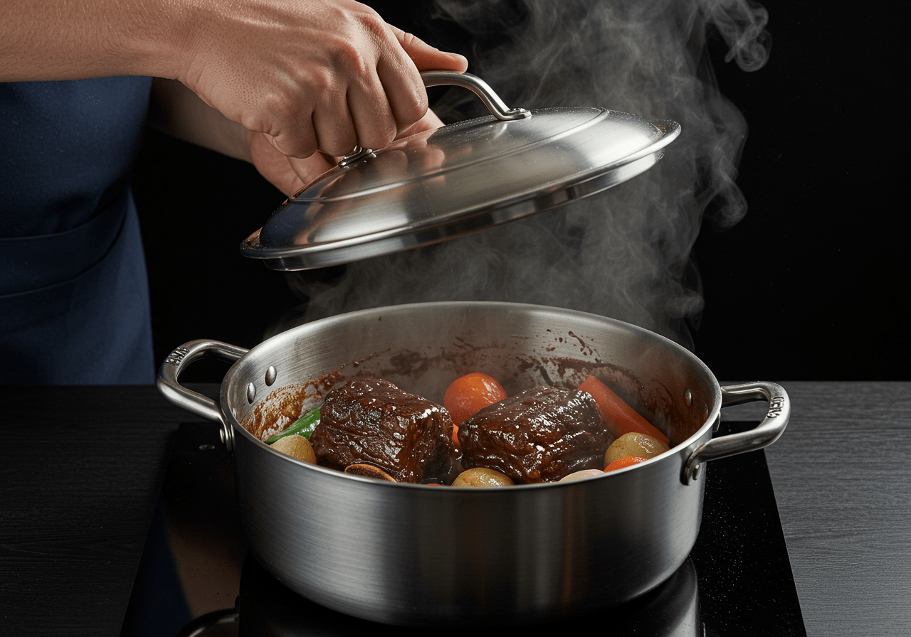 Lifting the lid of the pot revealing beautifully braised short ribs for Bear Braised Short Ribs, showcasing the tenderness and delicious sauce.