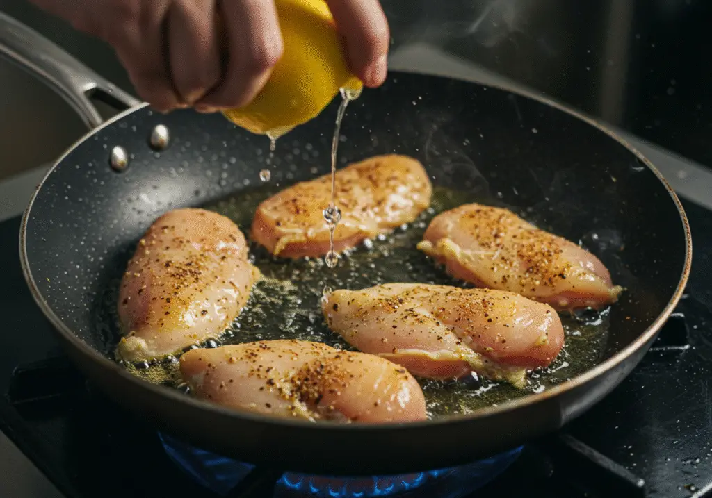 Browning chicken breasts for Chicken Piccata in a skillet, with vibrant lemon juice and a focus on delicious cooking techniques.