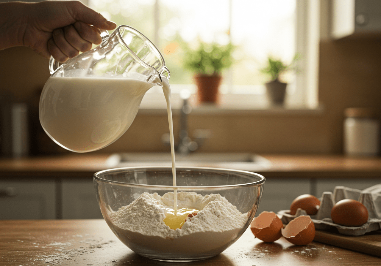 Adding milk into the flour mixture for fluffy pancakes, a key step from The Big Bang Theory Saturday Pancakes recipe.