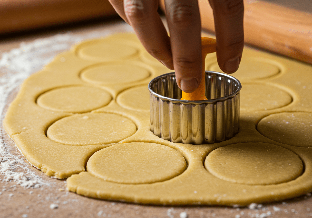 Cutting circular pastry bases for Crown Jam Tarts using a round cutter on a flour-dusted surface.