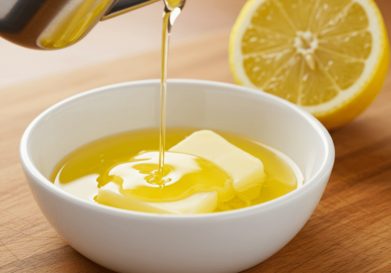 Step two of The Crown Lemon Drizzle Cake: combining melted butter and fresh lemon juice, showcasing the zesty flavors in the batter preparation.