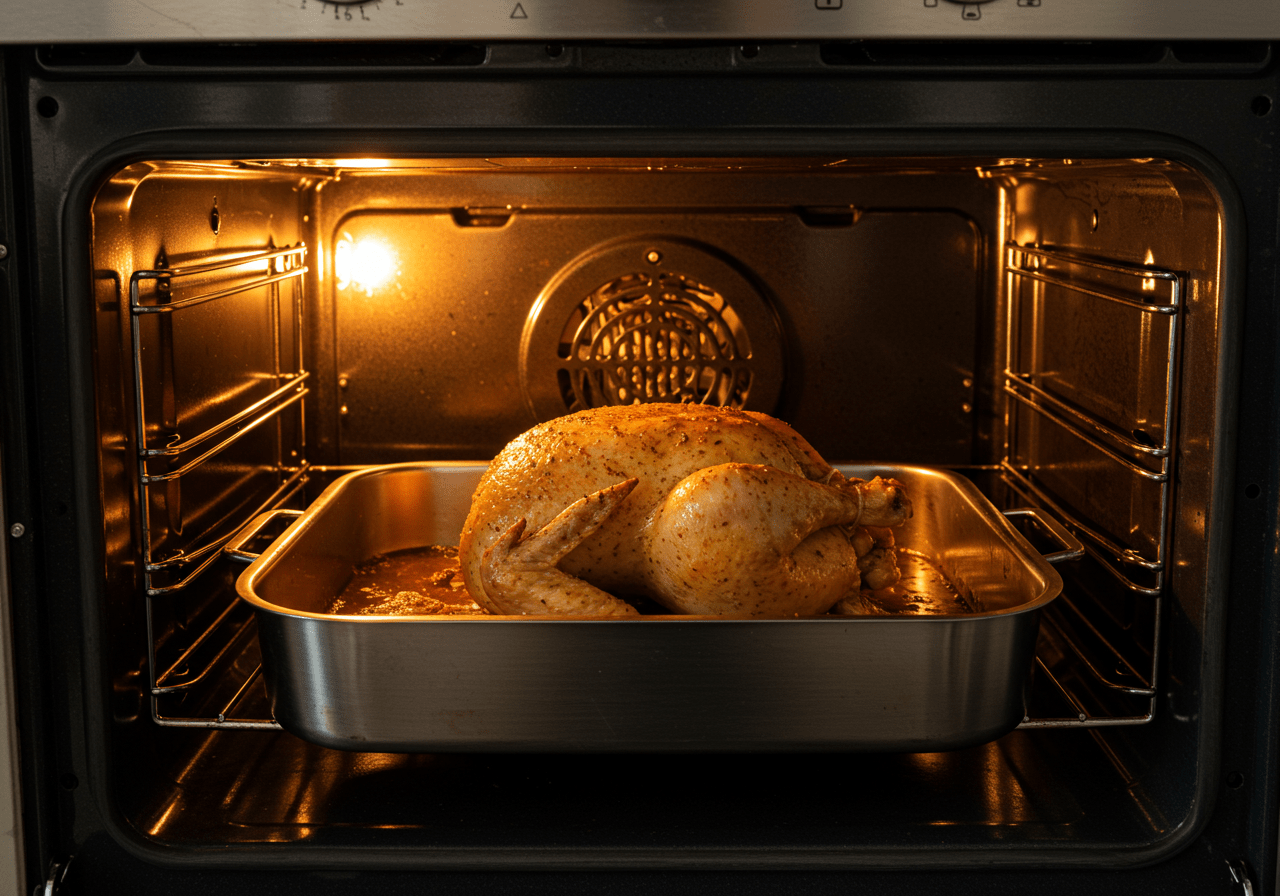 Roasting crown roast chicken in a large pan, capturing the cooking process in a vibrant kitchen setting.
