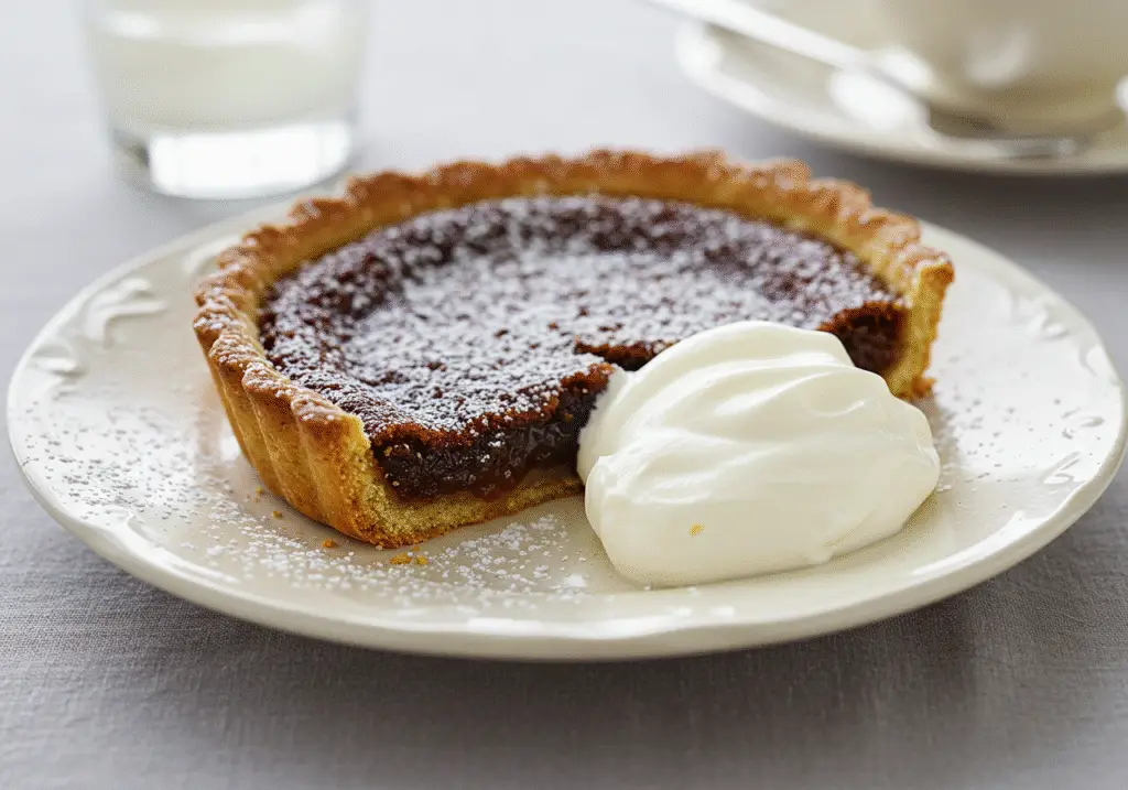 The final result of The Crown Treacle Tart displayed on a plate with powdered sugar and whipped cream.
