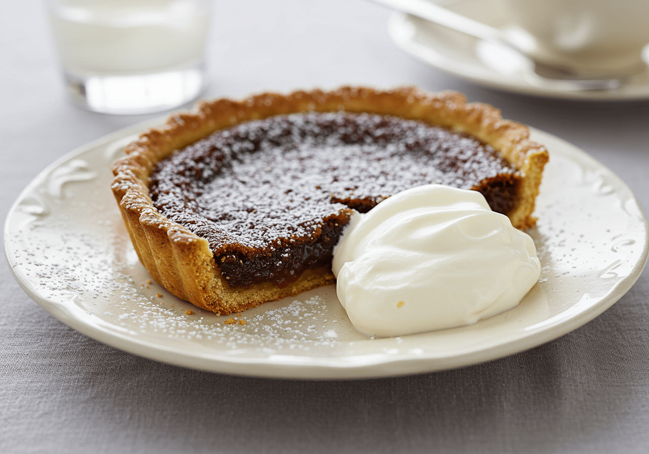 The final result of The Crown Treacle Tart displayed on a plate with powdered sugar and whipped cream.
