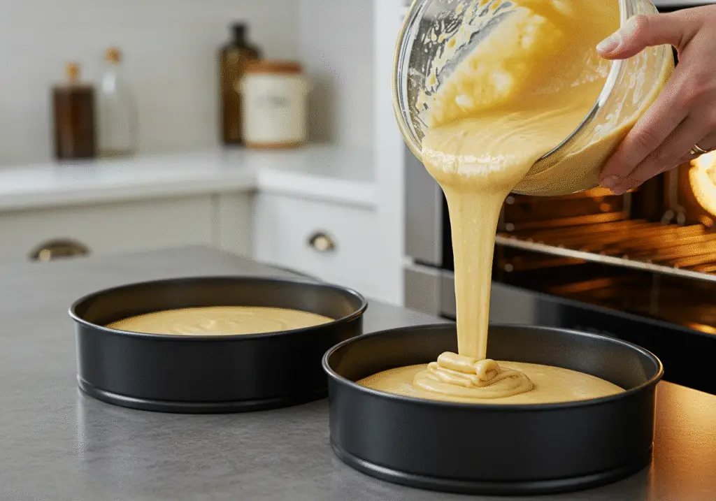 Pouring cake batter into pans for Crown Victoria Sponge Cake, capturing the excitement of readying to bake in a cozy kitchen.