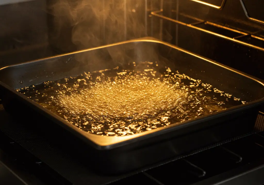 Hot oil in a baking tray, freshly taken from the oven, vital for creating crispy Yorkshire puddings.