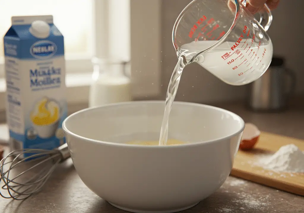 Milk being added to the pancake batter for The Mandalorian Galaxy Pancakes, creating a colorful mixture.