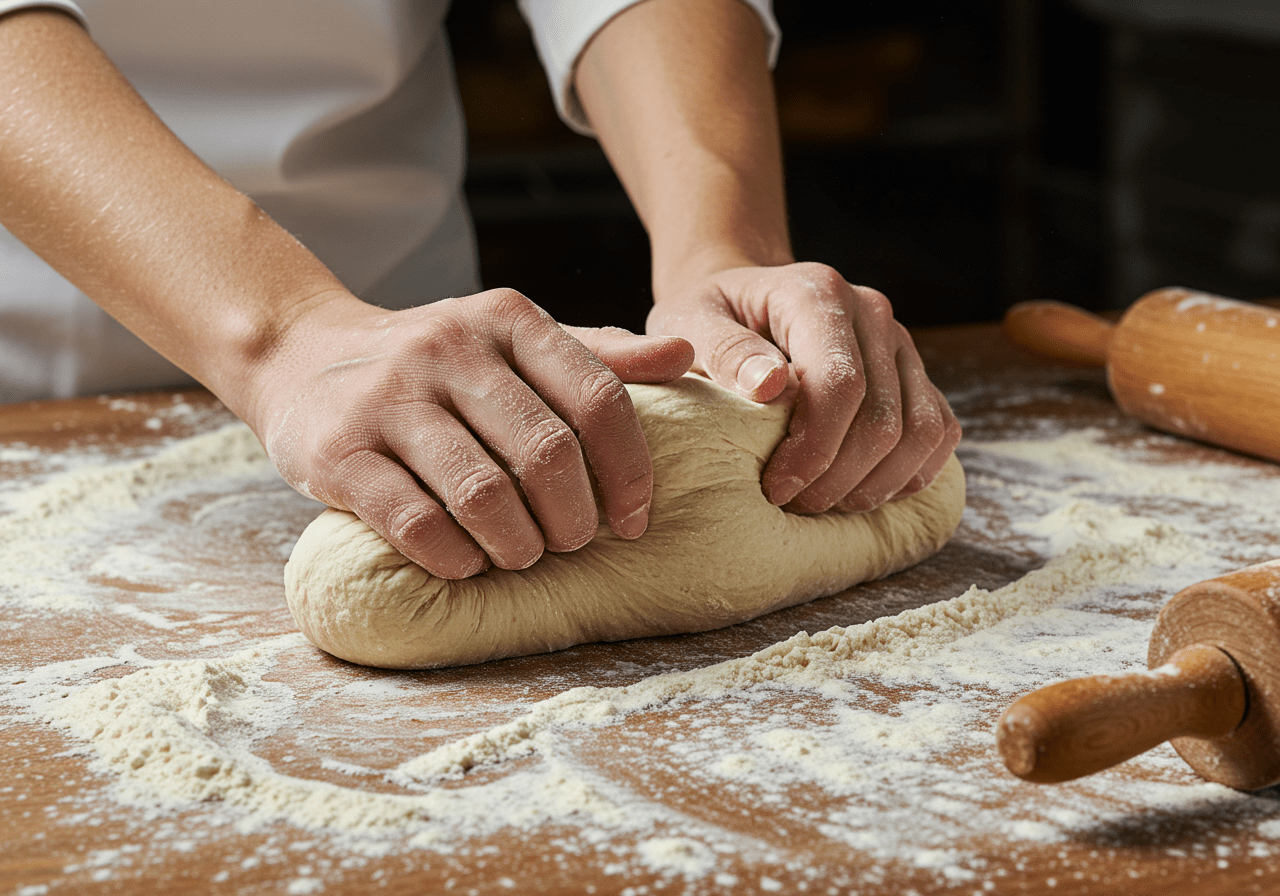 Kneading the dough for The Simpsons donuts, preparing it for frying in the kitchen.