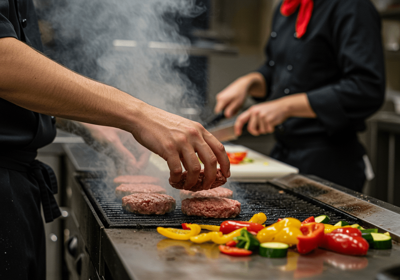 Grilling patties for The Simpsons Krusty Burger, smoke rising, sliced vegetables in the foreground, lively kitchen scene.