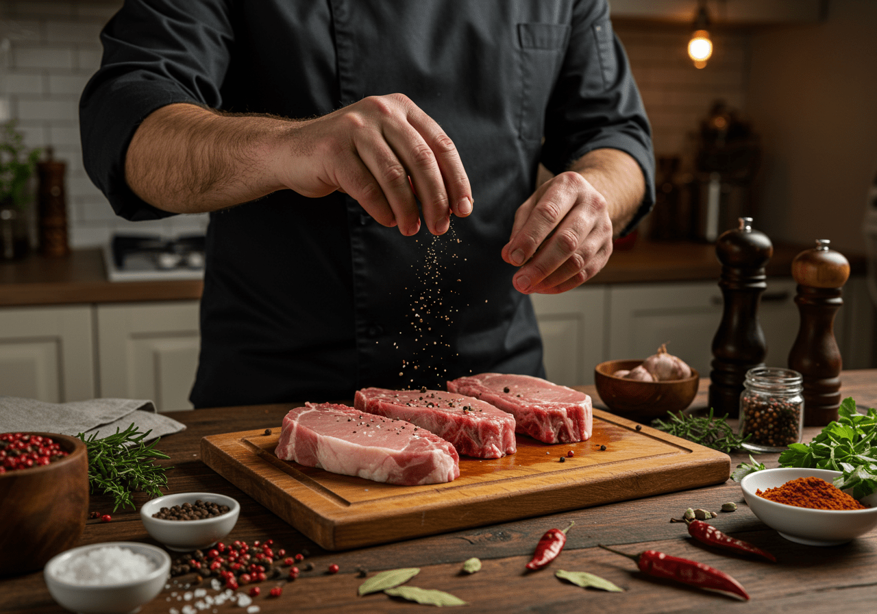 Seasoning pork chops for The Simpsons Pork Chops recipe with herbs and spices in a homely kitchen.