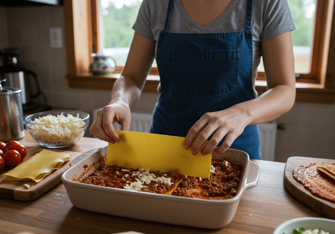 Layering ingredients in a baking dish for 'This Is Us Rebecca’s Lasagna', highlighting the assembly of pasta, sauce, and cheese.