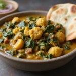 Final presentation of A Mighty Heart Angelina Jolie's Courageous Cauliflower and Spinach Dahl served with warm naan bread.