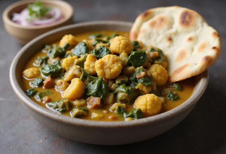 Final presentation of A Mighty Heart Angelina Jolie's Courageous Cauliflower and Spinach Dahl served with warm naan bread.