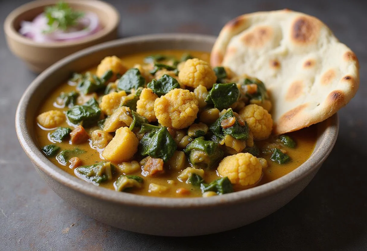 Final presentation of A Mighty Heart Angelina Jolie's Courageous Cauliflower and Spinach Dahl served with warm naan bread.