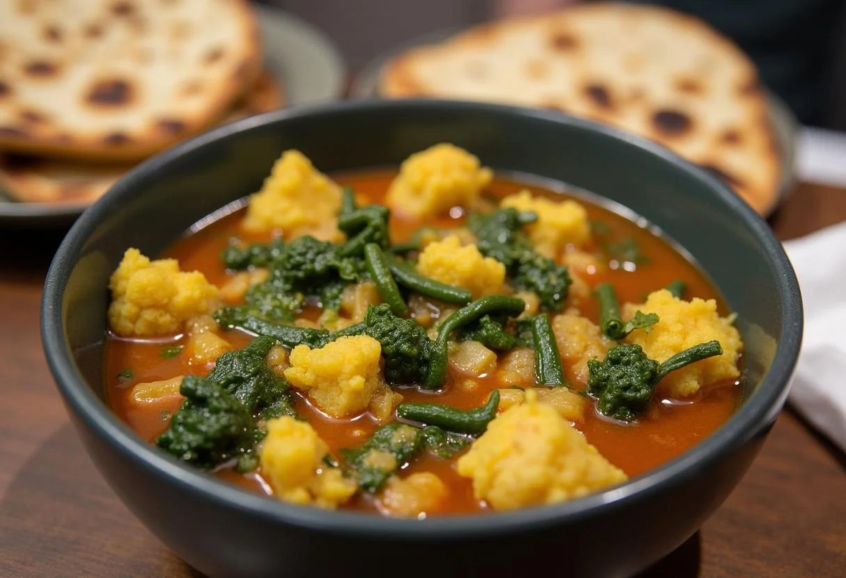 Final presentation of A Mighty Heart Angelina Jolie's Courageous Cauliflower and Spinach Dahl served with warm naan bread.