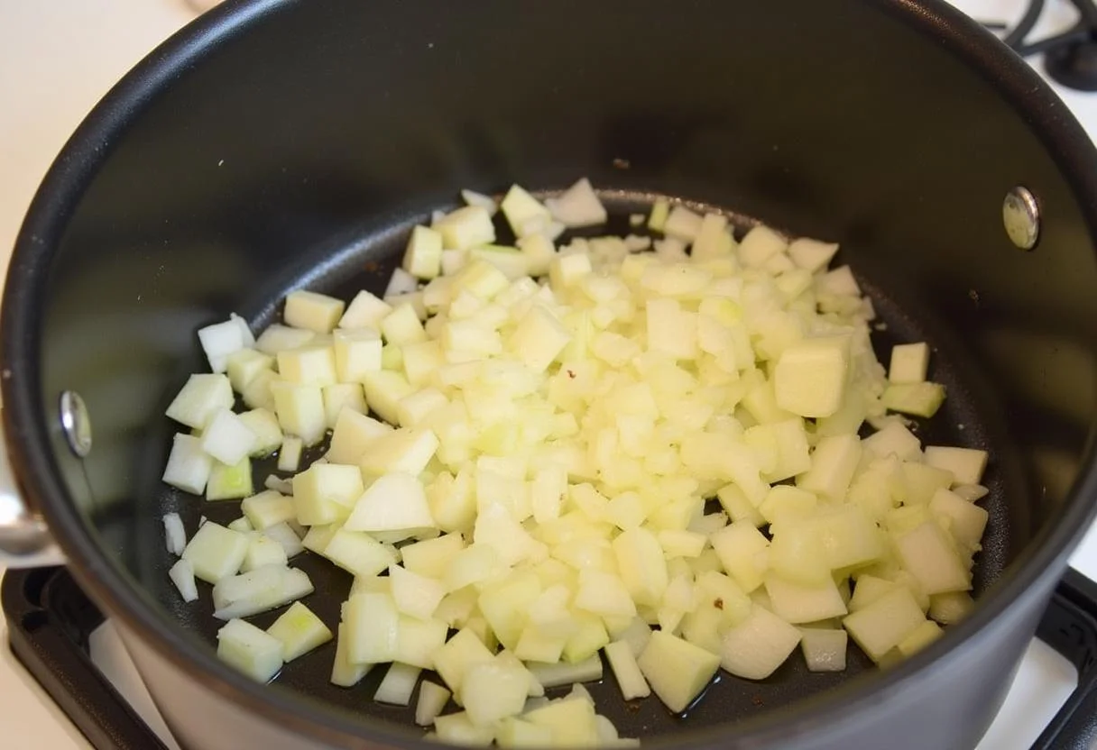 Sautéing onions and garlic in olive oil for A Mighty Heart Angelina Jolie's Courageous Cauliflower and Spinach Dahl.