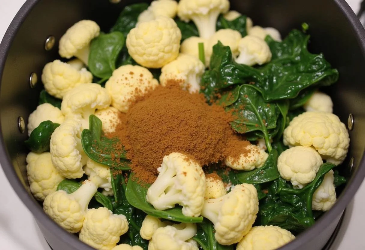 Incorporating diced cauliflower and spinach into a pot for A Mighty Heart Angelina Jolie's Courageous Cauliflower and Spinach Dahl.
