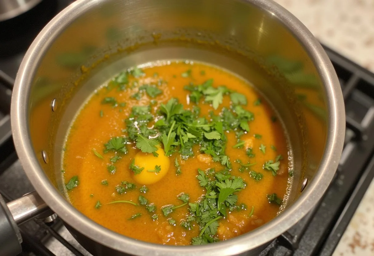 Garnishing A Mighty Heart Angelina Jolie's Courageous Cauliflower and Spinach Dahl with fresh cilantro for a beautiful presentation.