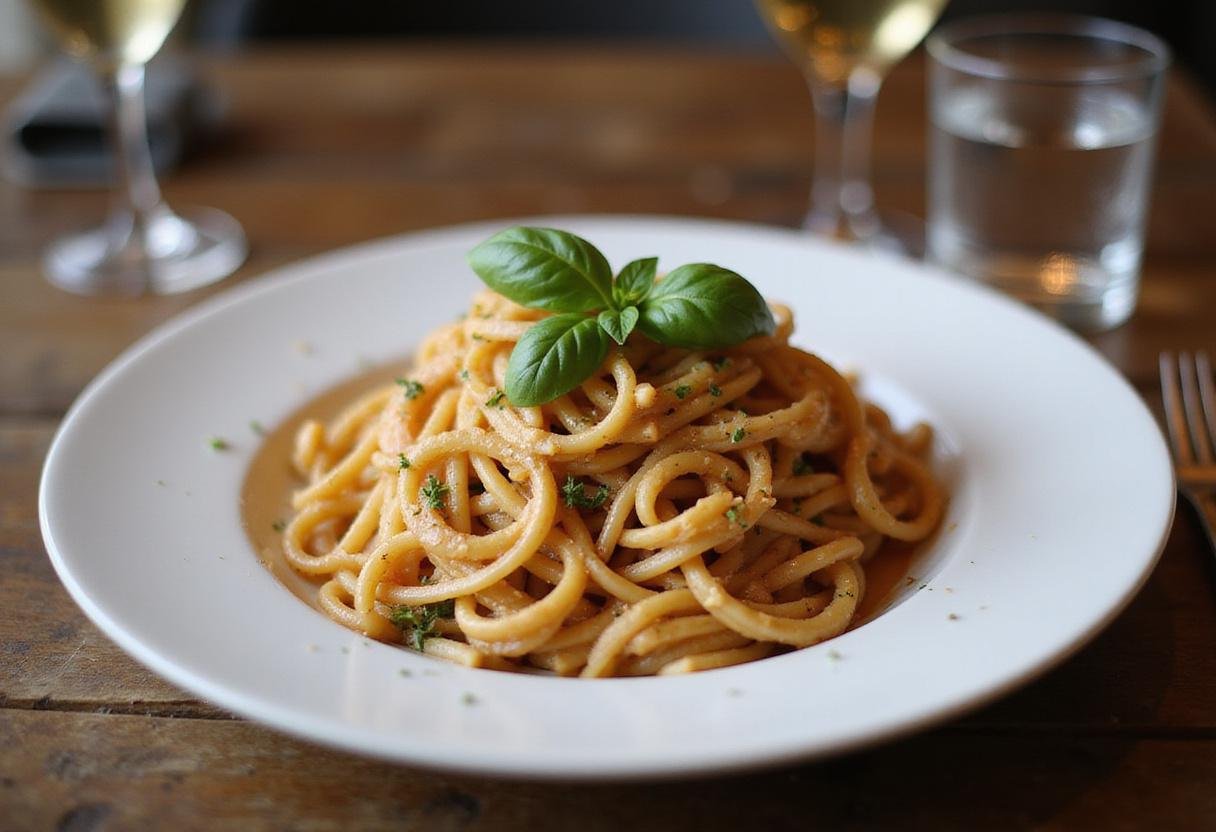 Delicious A Star Is Born Lady Gaga's Ally's Angel Hair Pasta elegantly plated with fresh herbs and a glass of wine, perfect for a meal inspired by the film.