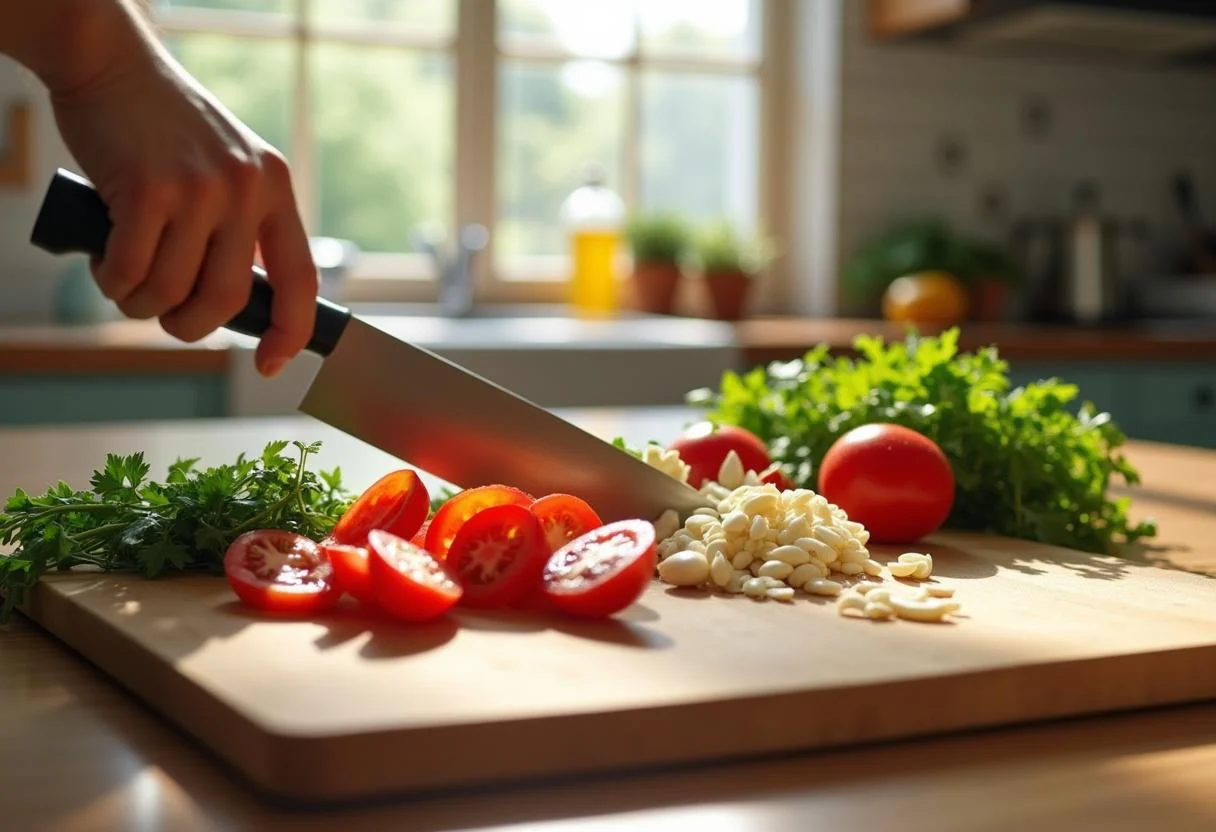 Fresh ingredients for A Star Is Born Lady Gaga's Ally's Angel Hair Pasta, including chopped tomatoes, garlic, and herbs, showcasing vibrant colors and healthy choices.