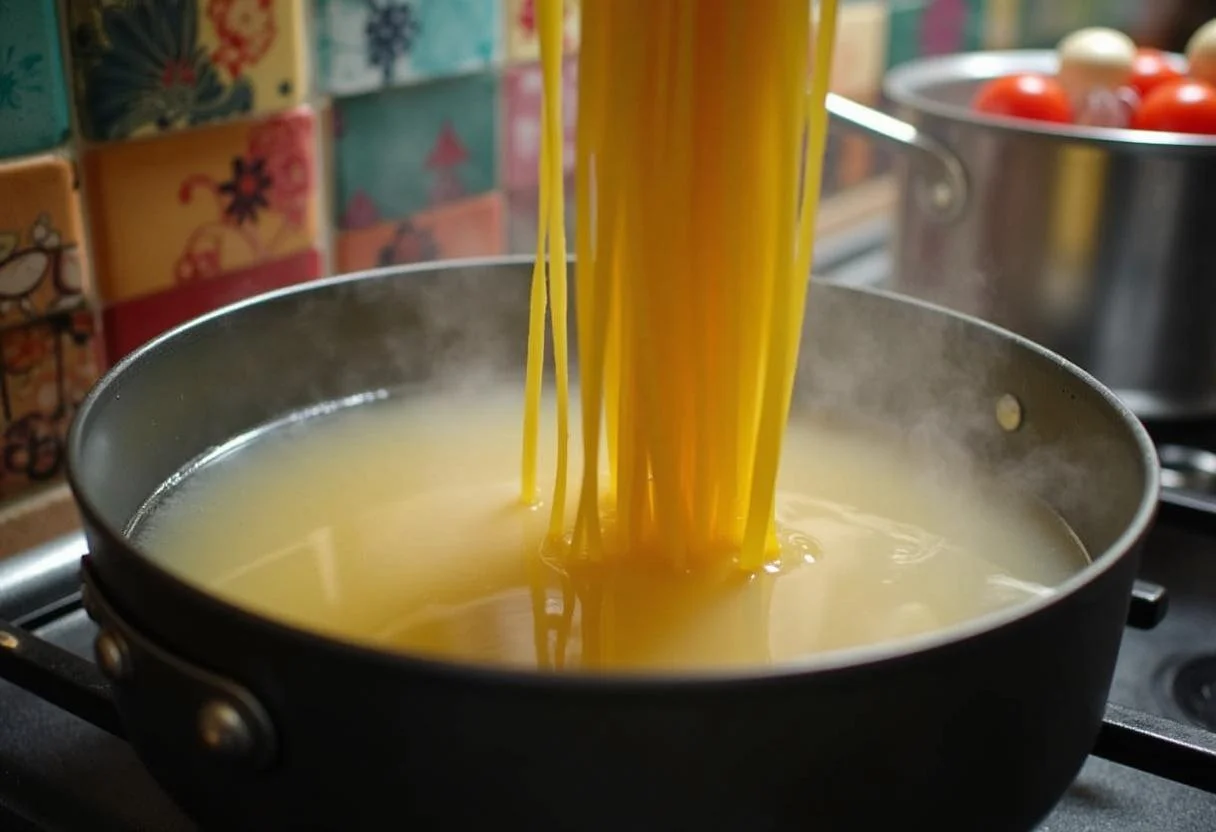 Cooking angel hair pasta in a pot, the steam rising in a vibrant kitchen, essential for A Star Is Born Lady Gaga's Ally's Angel Hair Pasta.