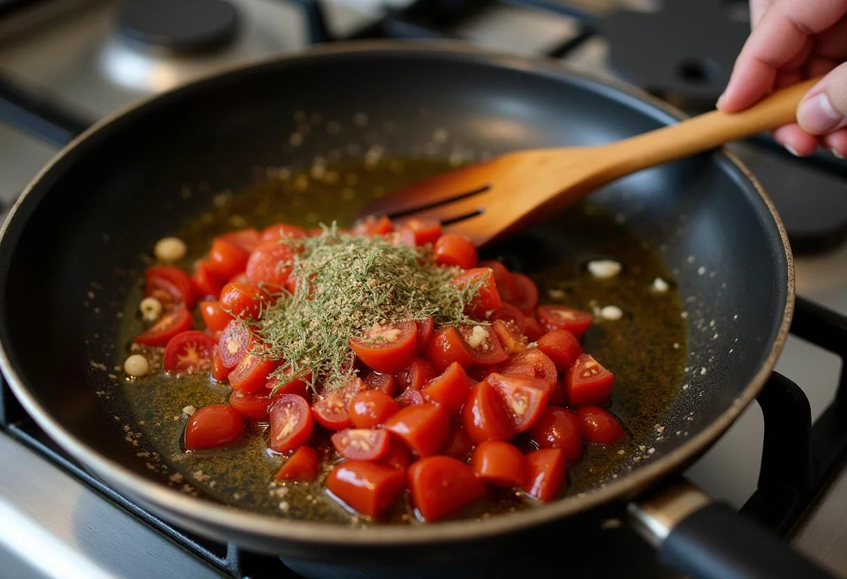 Sizzling garlic and tomatoes in olive oil, a key step for A Star Is Born Lady Gaga's Ally's Angel Hair Pasta, creating a fragrant and inviting scene.