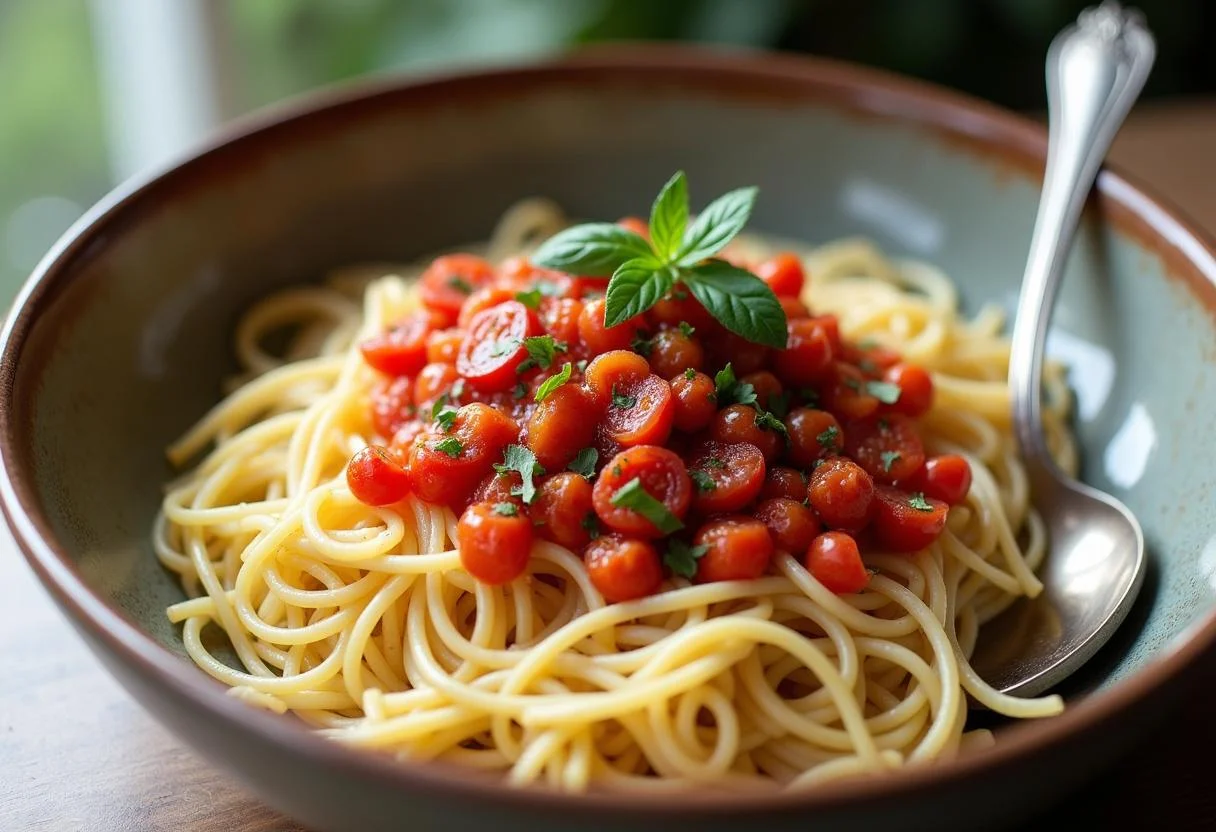A vibrant bowl of angel hair pasta mixed with garlic and tomatoes, preparing for the final touch in A Star Is Born Lady Gaga's Ally's Angel Hair Pasta.