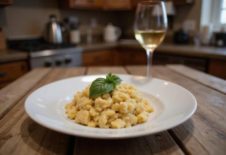 Savoring the final dish: American Hustle Jennifer Lawrence's Rosalyn's Risotto with a Twist beautifully presented on a wooden table.