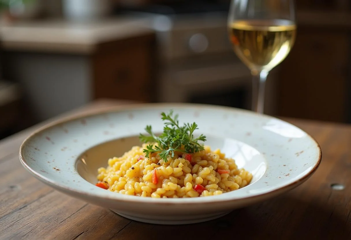 Savoring the final dish: American Hustle Jennifer Lawrence's Rosalyn's Risotto with a Twist beautifully presented on a wooden table.