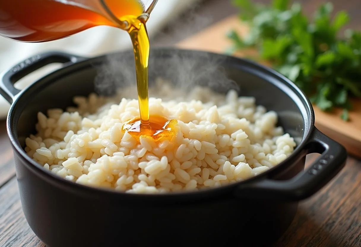 Adding vegetable broth to American Hustle Jennifer Lawrence's Rosalyn's Risotto with a Twist, enriching the flavors with fresh herbs.