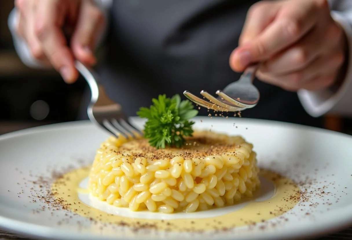 Plating the American Hustle Jennifer Lawrence's Rosalyn's Risotto with a Twist brilliantly garnished for an enticing presentation.