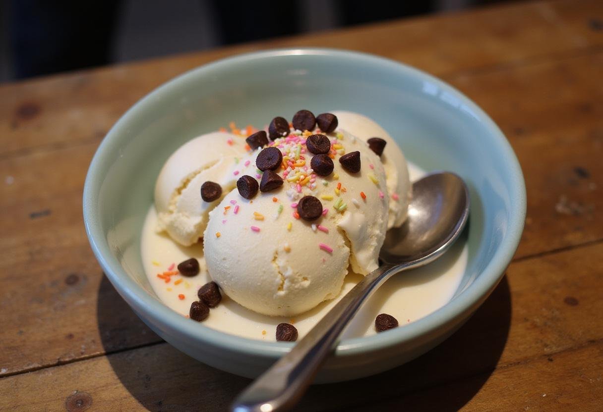 Delicious Attack on Titan Armin's Intellect Ice Cream served in a bowl, adorned with colorful sprinkles and chocolate chips.