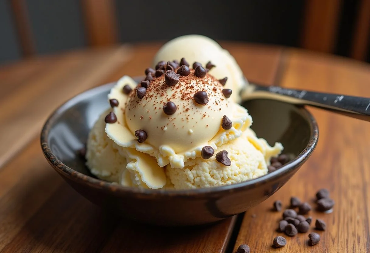 Delicious Attack on Titan Armin's Intellect Ice Cream served in a bowl, adorned with colorful sprinkles and chocolate chips.
